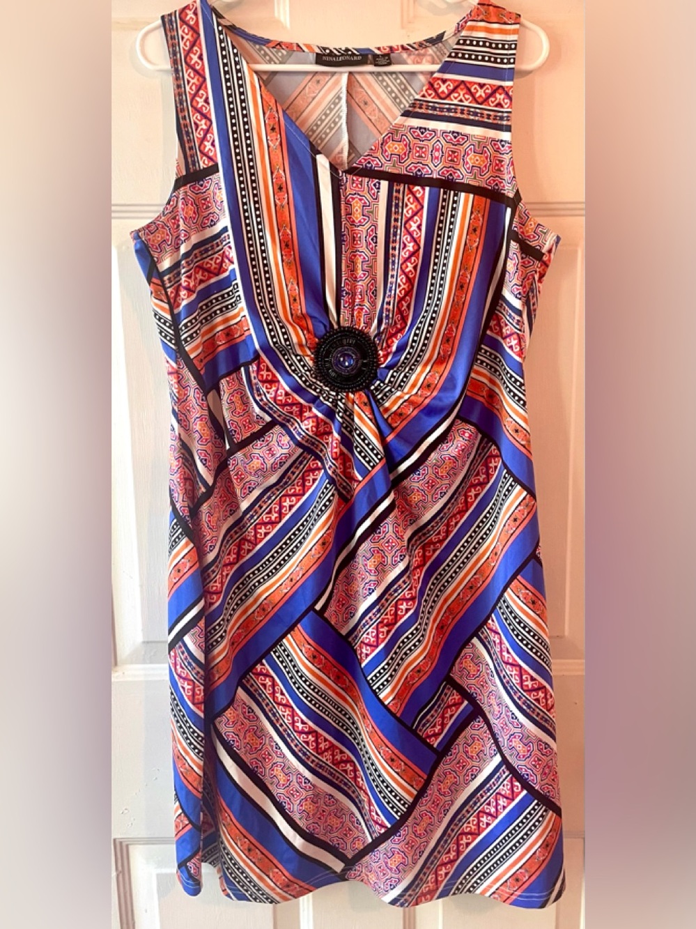 Nina Leonard Blue Coral Orange Mixed Boho Pattern Bead Jewel Detail Dress Large
